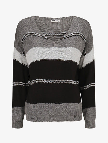 Pull en maille à rayures stylisées - Gris foncé - 1
