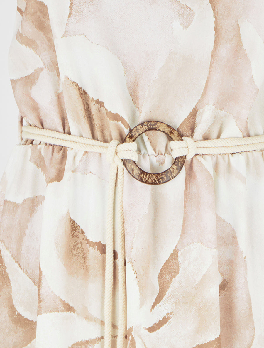 Langes Kleid mit Blumenmuster und elastischer Taille - Beige