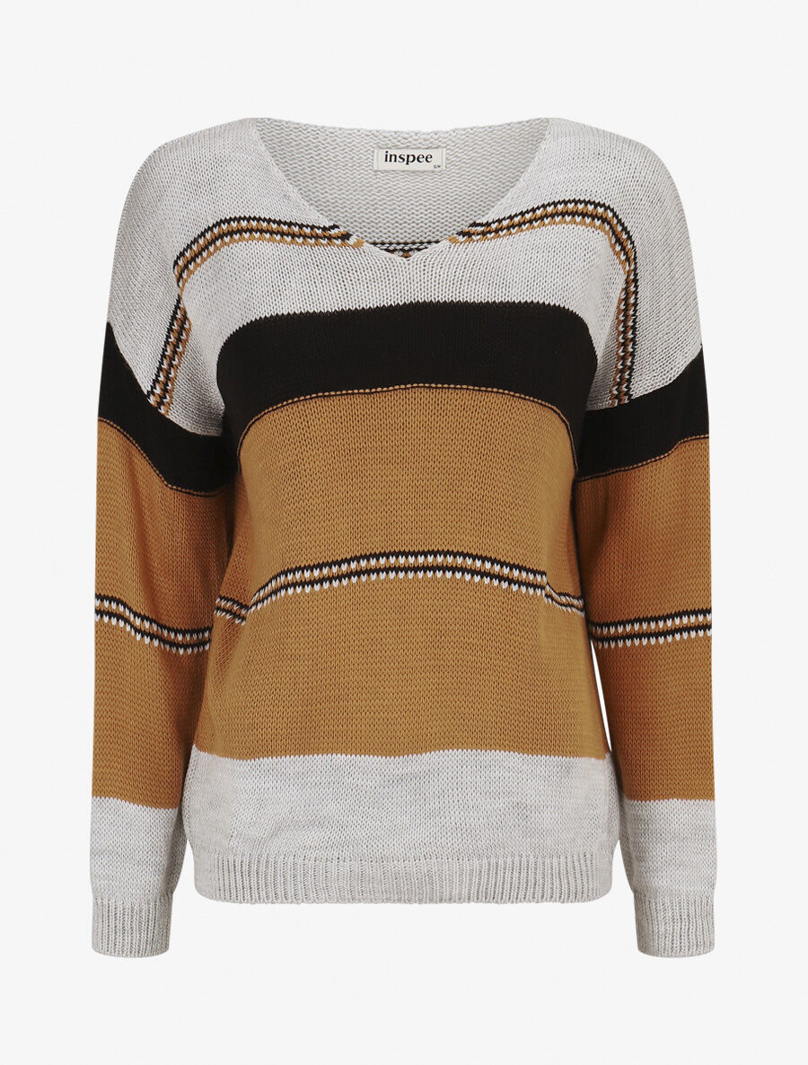 Pull en maille à rayures stylisées - Gris clair - 1