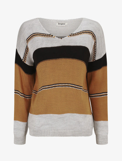 Pull en maille à rayures stylisées - Gris clair - 1