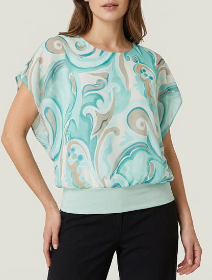 Kurzarm-Top mit Arabeskenmuster - Wassergrün