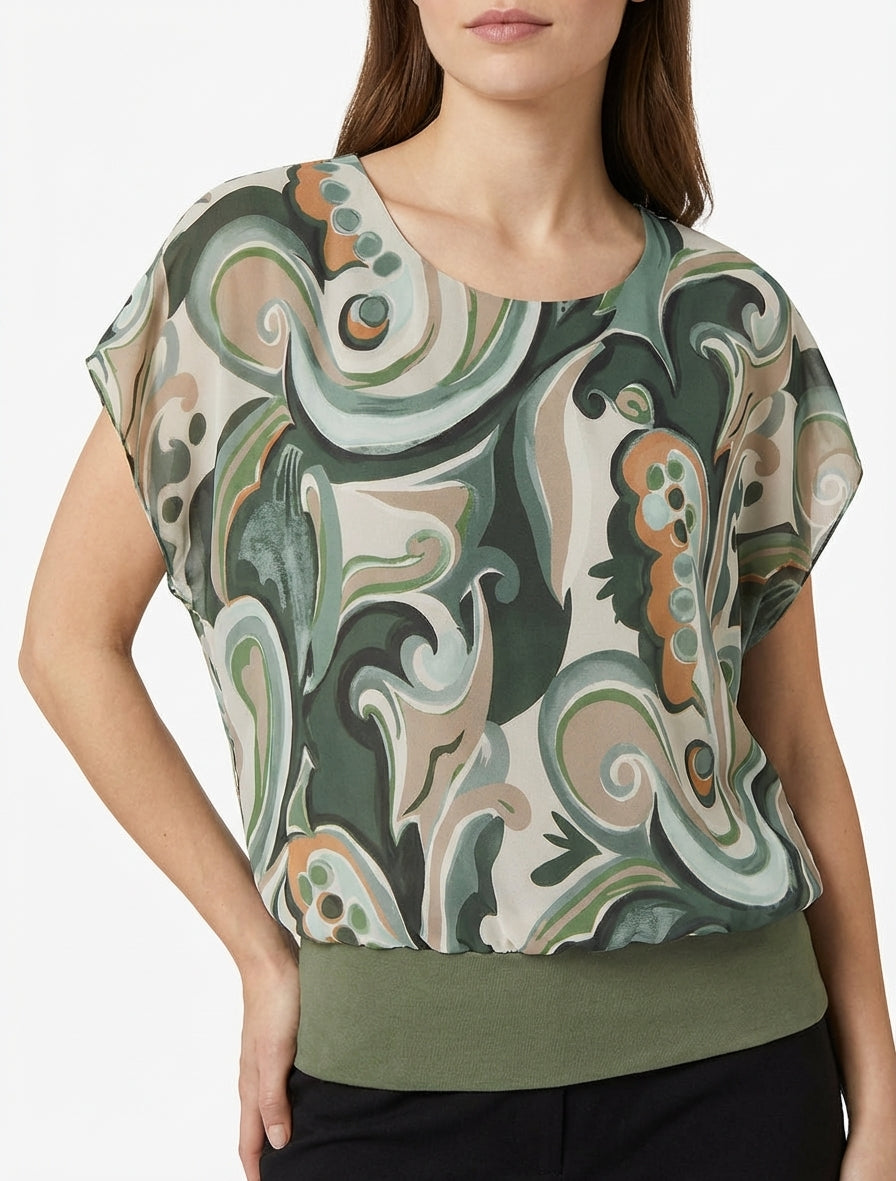 Kurzarm-Top mit Arabeskenmuster - Kaki