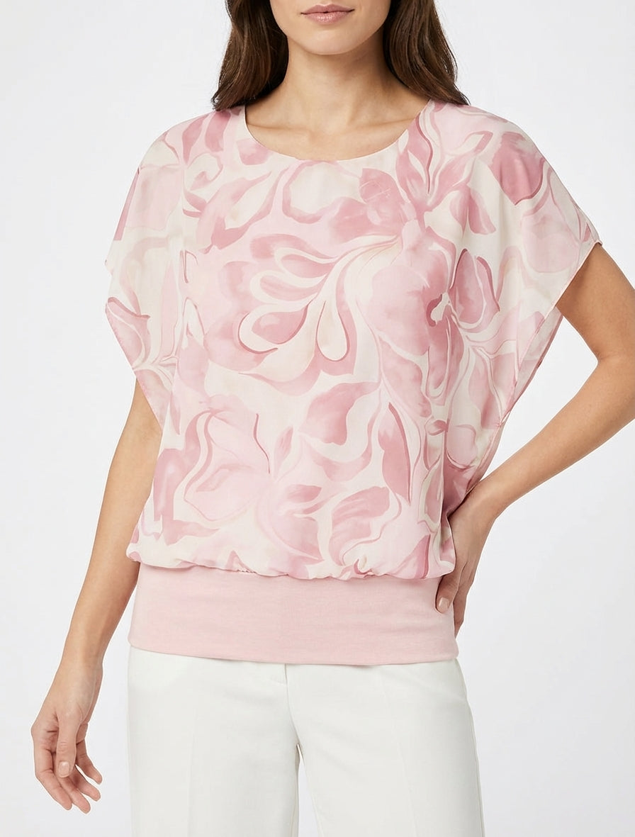 Kurzarm-Top mit Blumenmuster oben rechts. - Rose