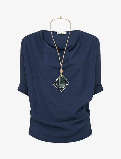 Top manches courtes effet lin à col bénitier - Marine - 1