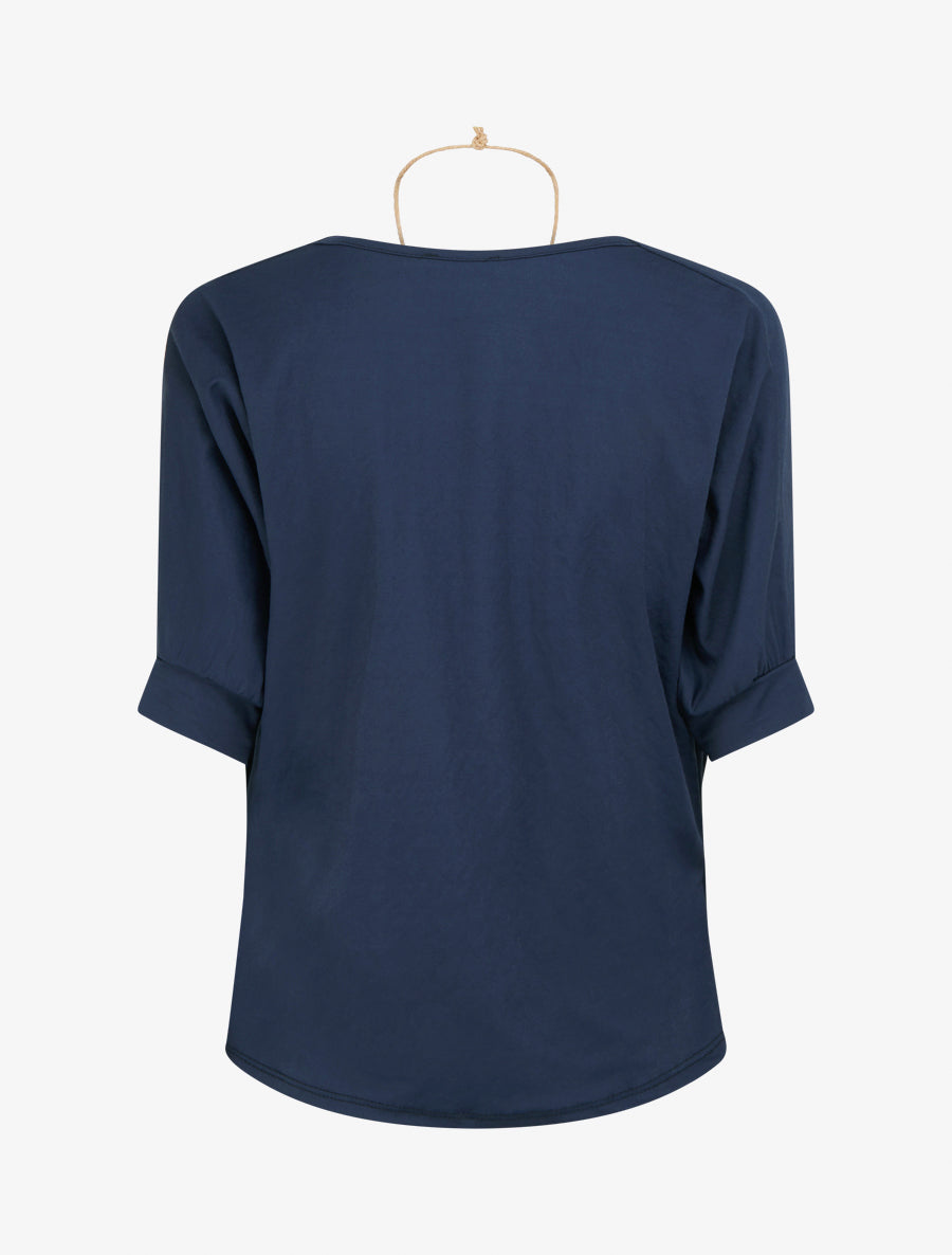 Top manches courtes effet lin à col bénitier - Marine - 2