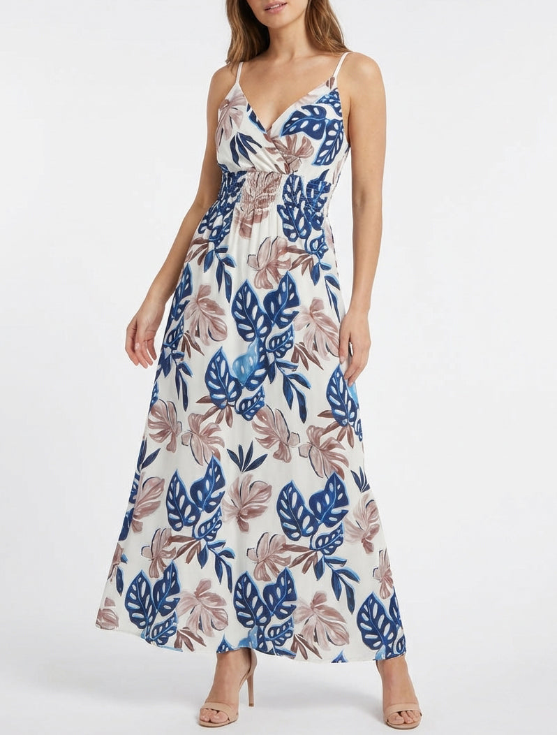 Langes Kleid mit schmalen Trägern und tropischem Print - Marine
