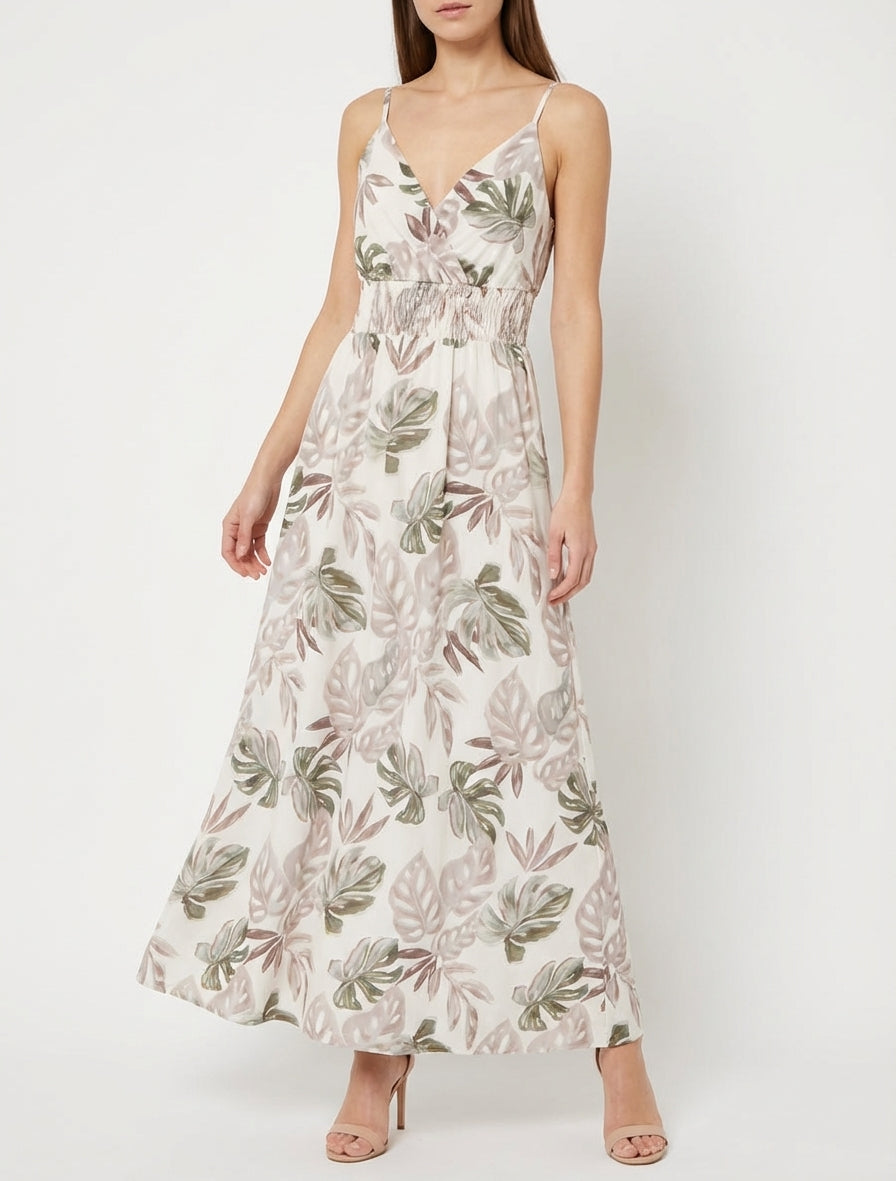 Langes Kleid mit schmalen Trägern und tropischem Print - Beige