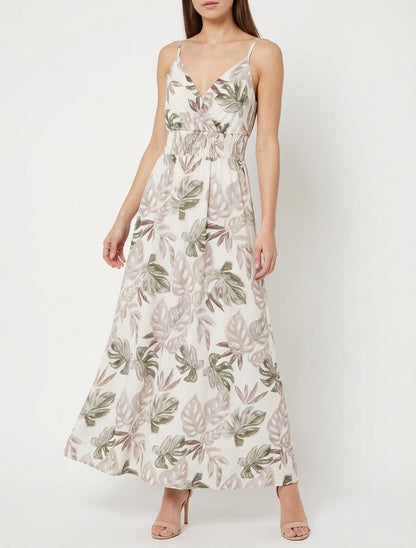 Langes Kleid mit schmalen Trägern und tropischem Print - Beige