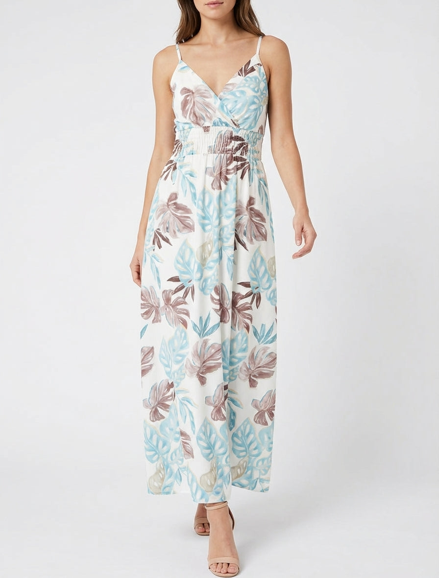 Langes Kleid mit schmalen Trägern und tropischem Print - Hellblau