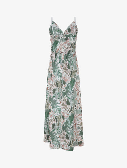 Robe longue à fines bretelles imprimé feuillage - Kaki - 2