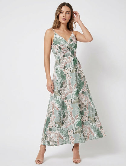 Langes Kleid mit schmalen Trägern und Blattdruck - Kaki