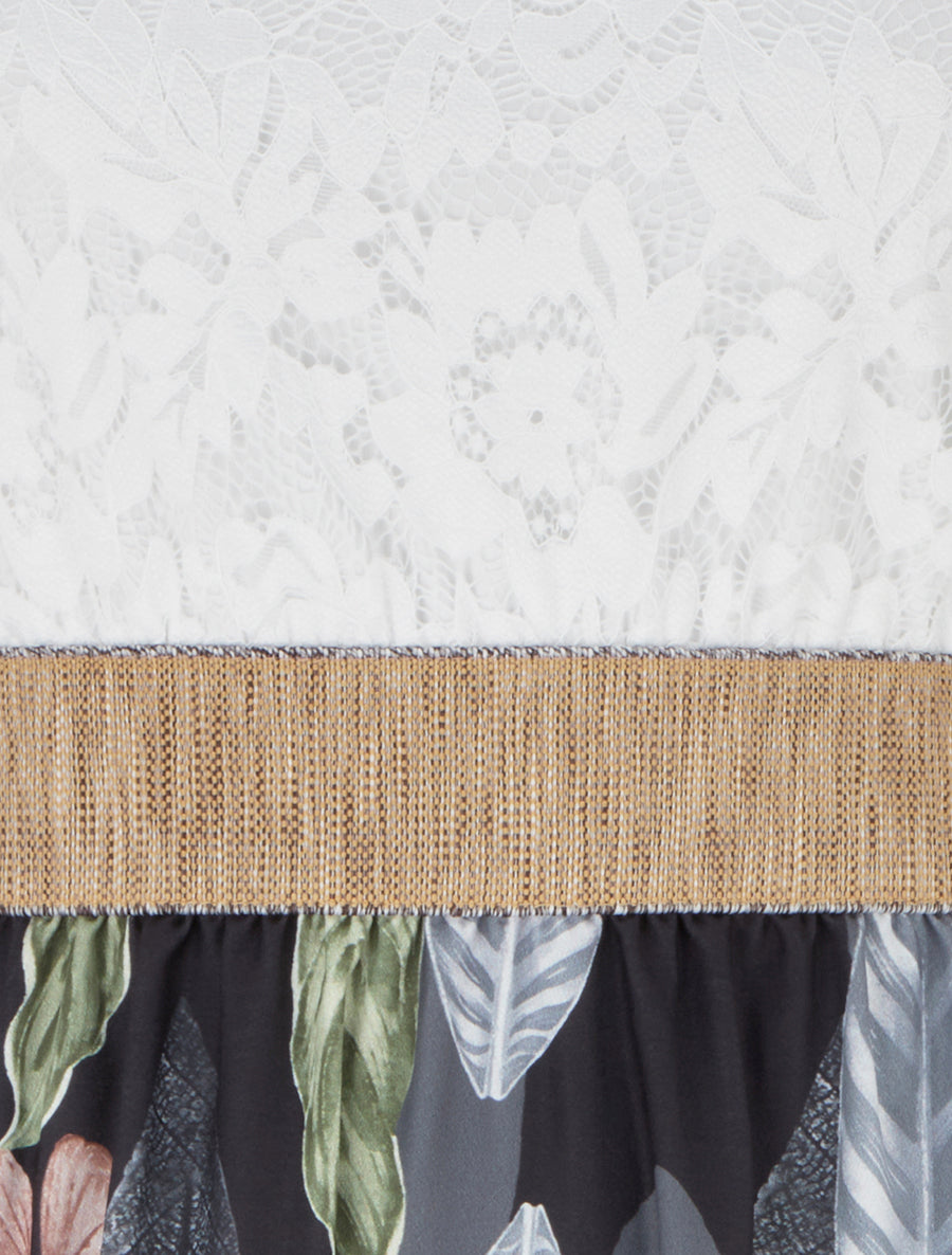 Robe longue à dentelle et imprimé feuilles - Noir - 3