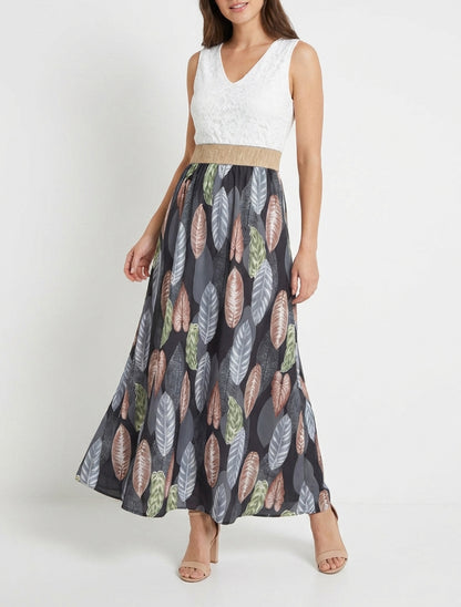 Langes Kleid mit Spitze und Blätterdruck - Schwarz