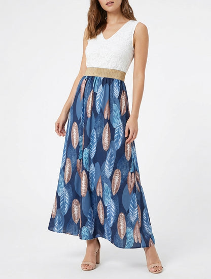 Langes Kleid mit Spitze und Blätterdruck - Marine