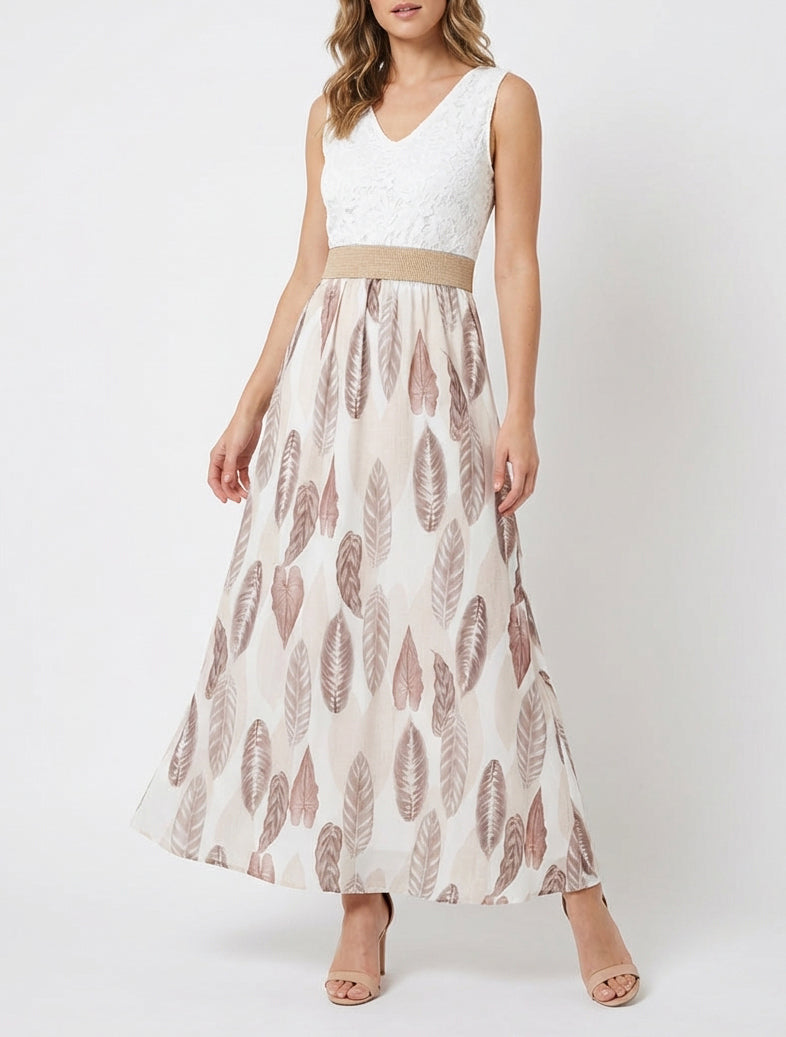 Langes Kleid mit Spitze und Blätterdruck - Beige