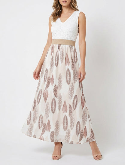 Langes Kleid mit Spitze und Blätterdruck - Beige