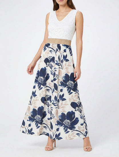 Langes Kleid mit Spitze und Blumenmuster - Marine