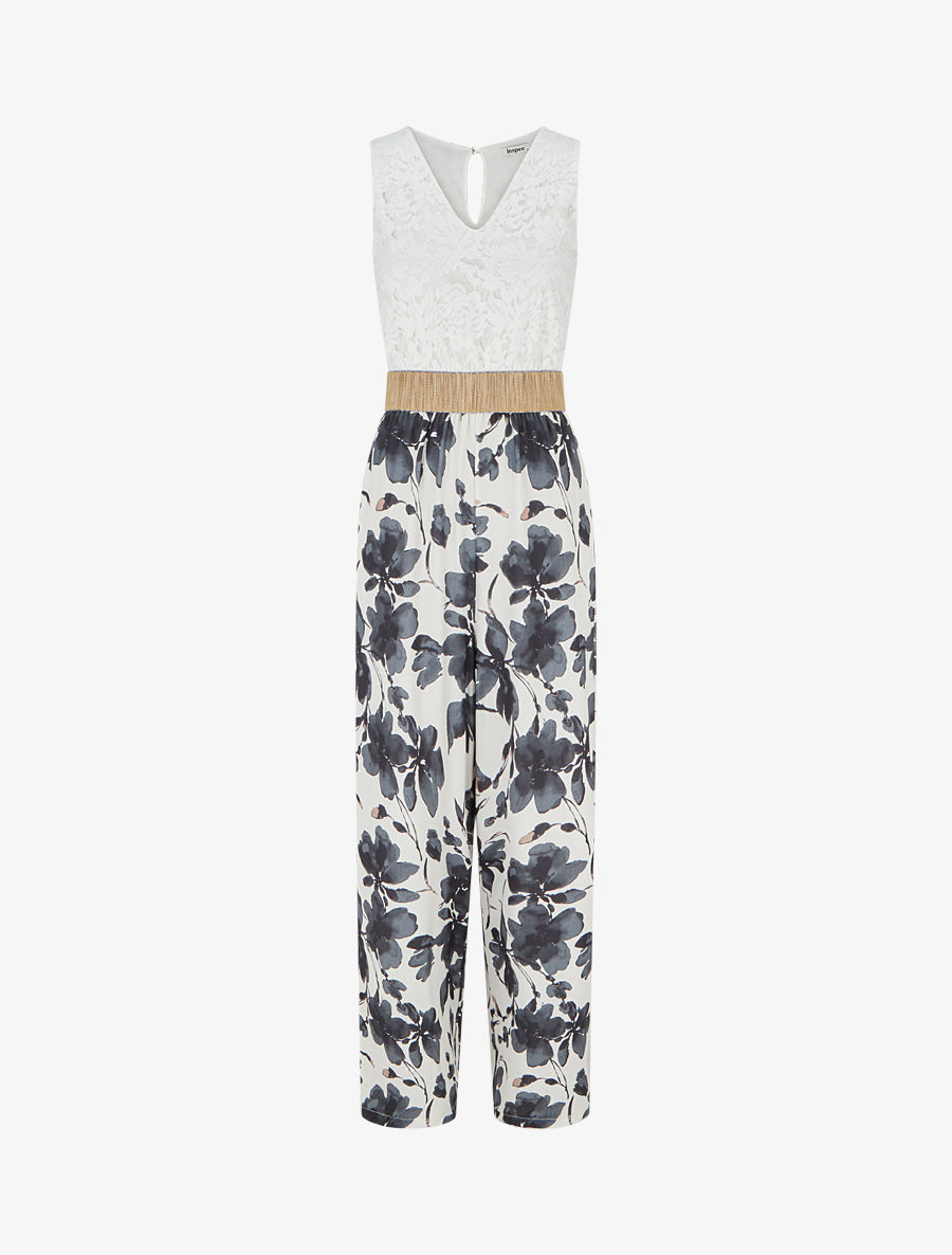 Combinaison à dentelle et imprimé floral - Noir - 1