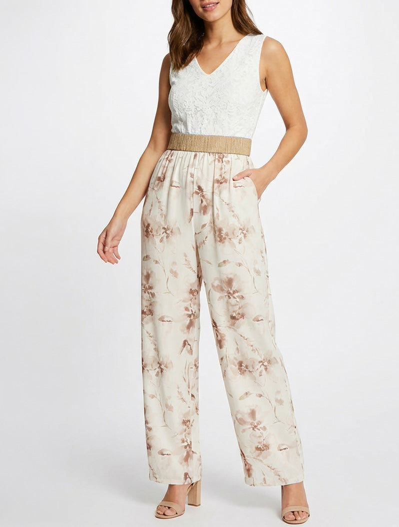 Spitzen- und Blumenmuster-Kombination - Beige
