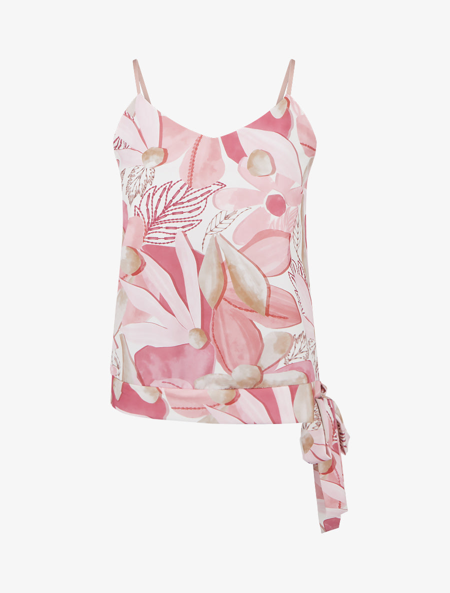 Caraco satiné imprimé floral à noeud - Rose - 1