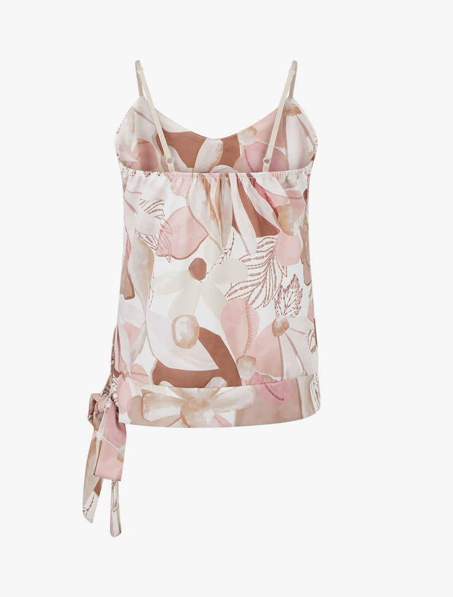 Satinierte Bluse mit floralem Print und Schleife. - Beige