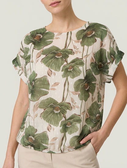 Kurzarm-Top mit Blumenmuster - Kaki