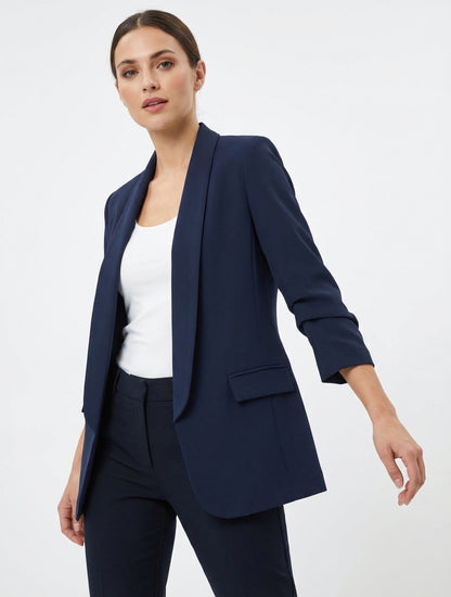 Einfarbiger Blazer mit gerafften Ärmeln - Marine
