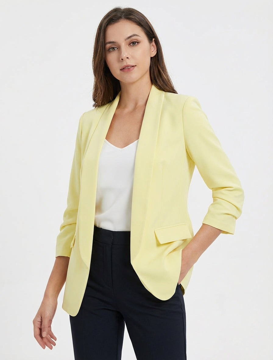 Einfarbiger Blazer mit gerafften Ärmeln - Zitronengelb