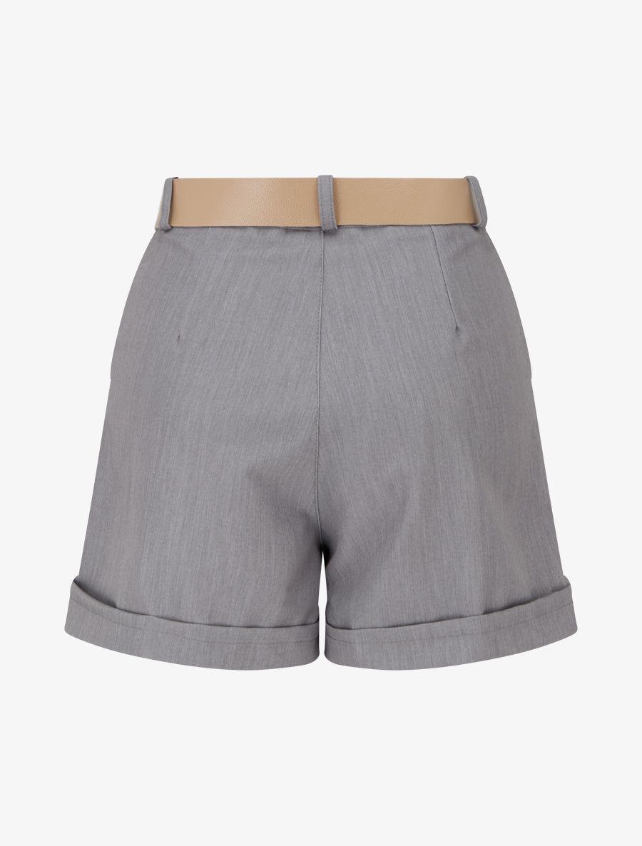 Short uni à ourlet et ceinturé - Gris - 2
