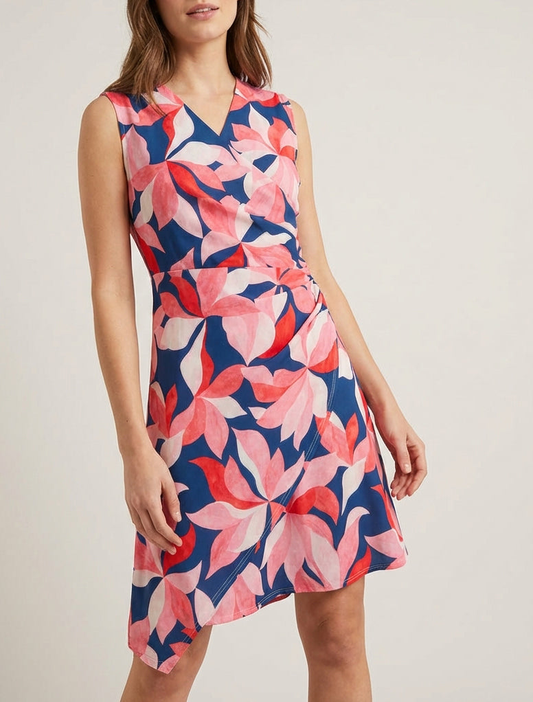 Ärmelloses Wickelkleid mit Blätterdruck - Rose