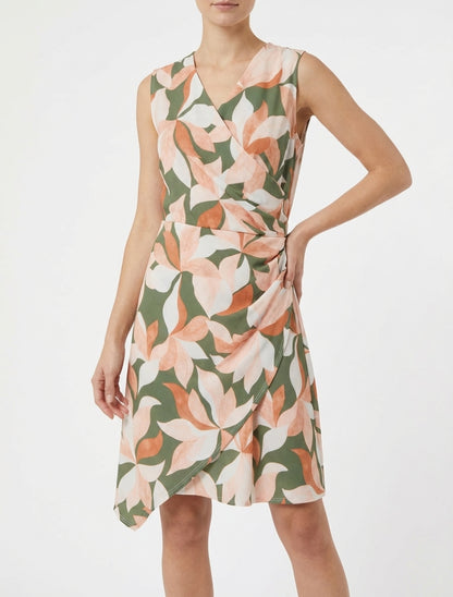 Ärmelloses Wickelkleid mit Blätterdruck - Kaki