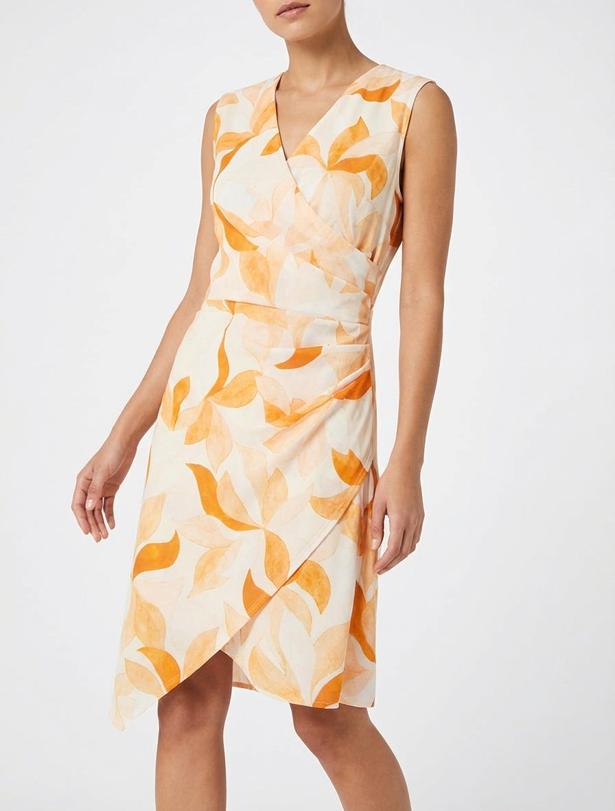 Ärmelloses Wickelkleid mit Blätterdruck - Orange