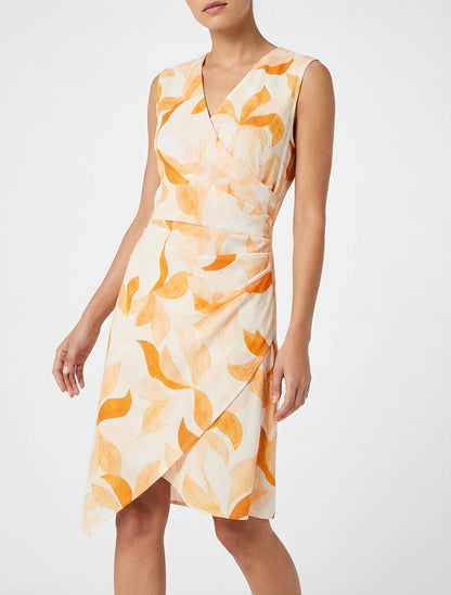 Ärmelloses Wickelkleid mit Blätterdruck - Orange