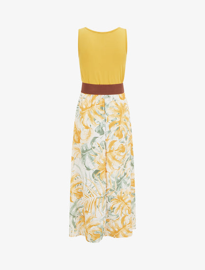 Robe longue à jupe imprimé feuillage - Jaune moutarde - 2