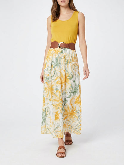 Langes Kleid mit Blätterdruckrock - Senfgelb