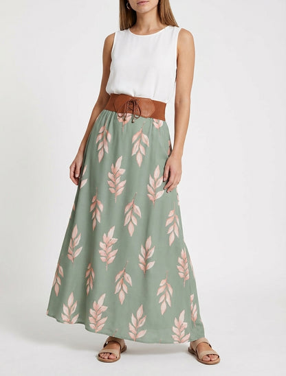 Langer Rock mit Blätterdruck - Kaki