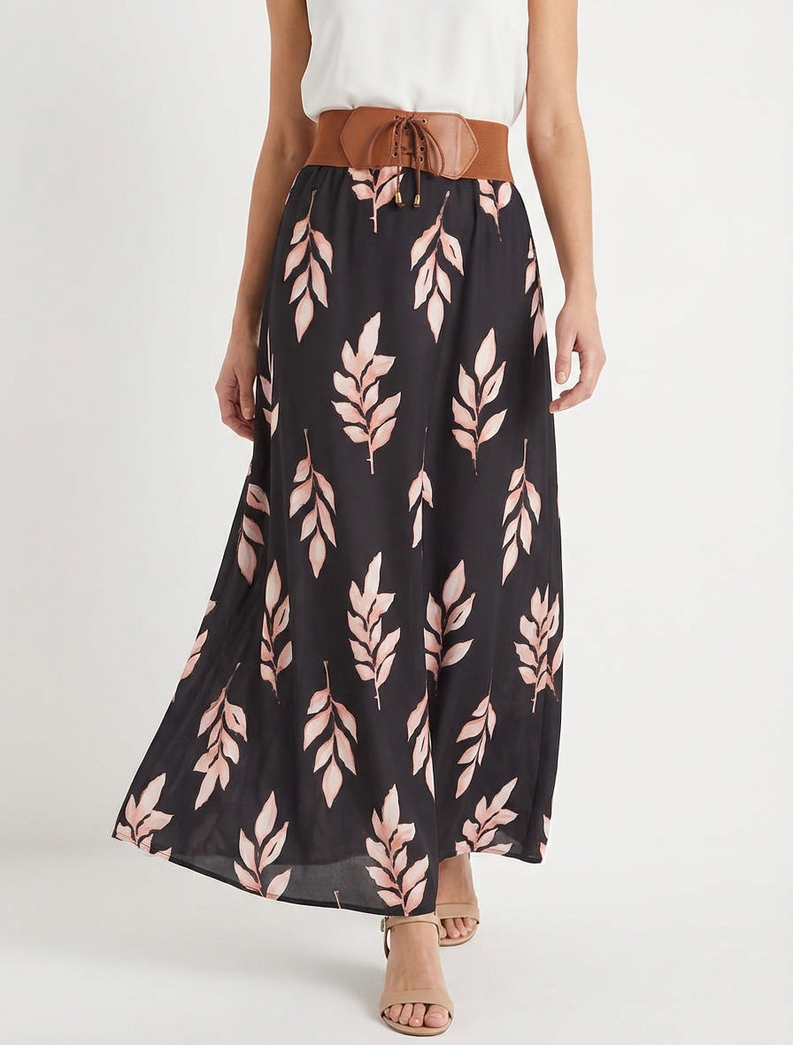 Langer Rock mit Blätterdruck - Schwarz