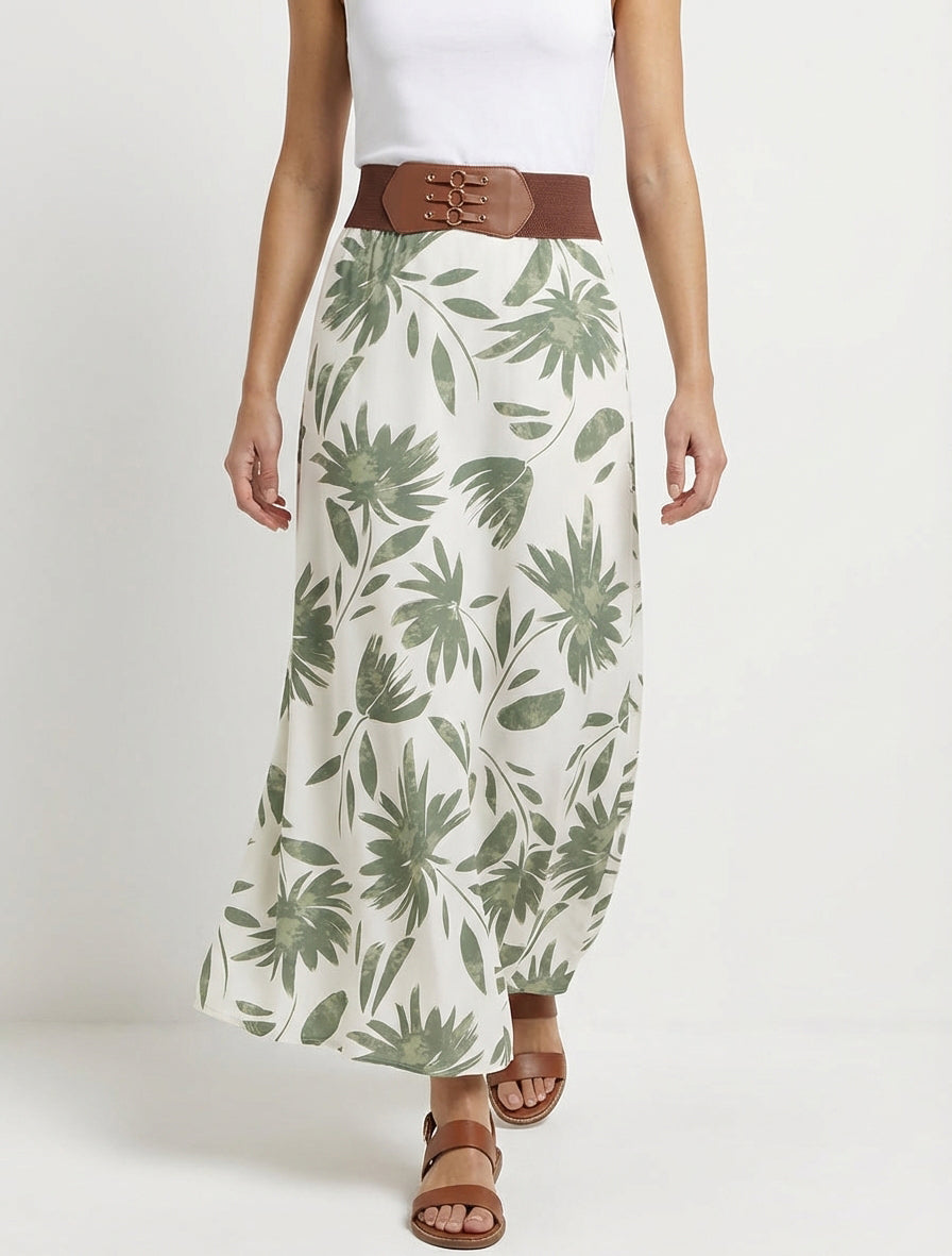 Langer Rock mit Blumenmuster und fantasievollem Bund - Kaki
