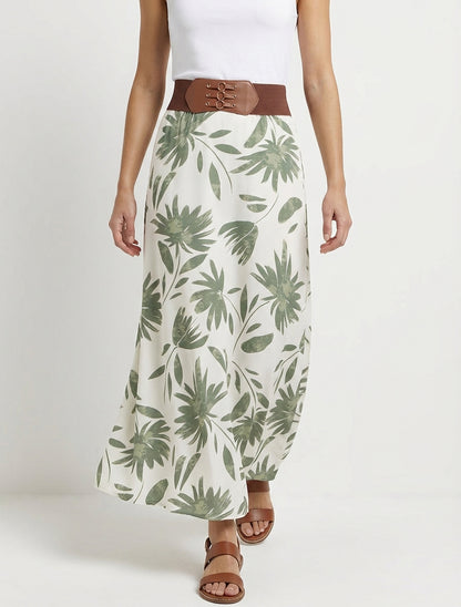 Langer Rock mit Blumenmuster und fantasievollem Bund - Kaki