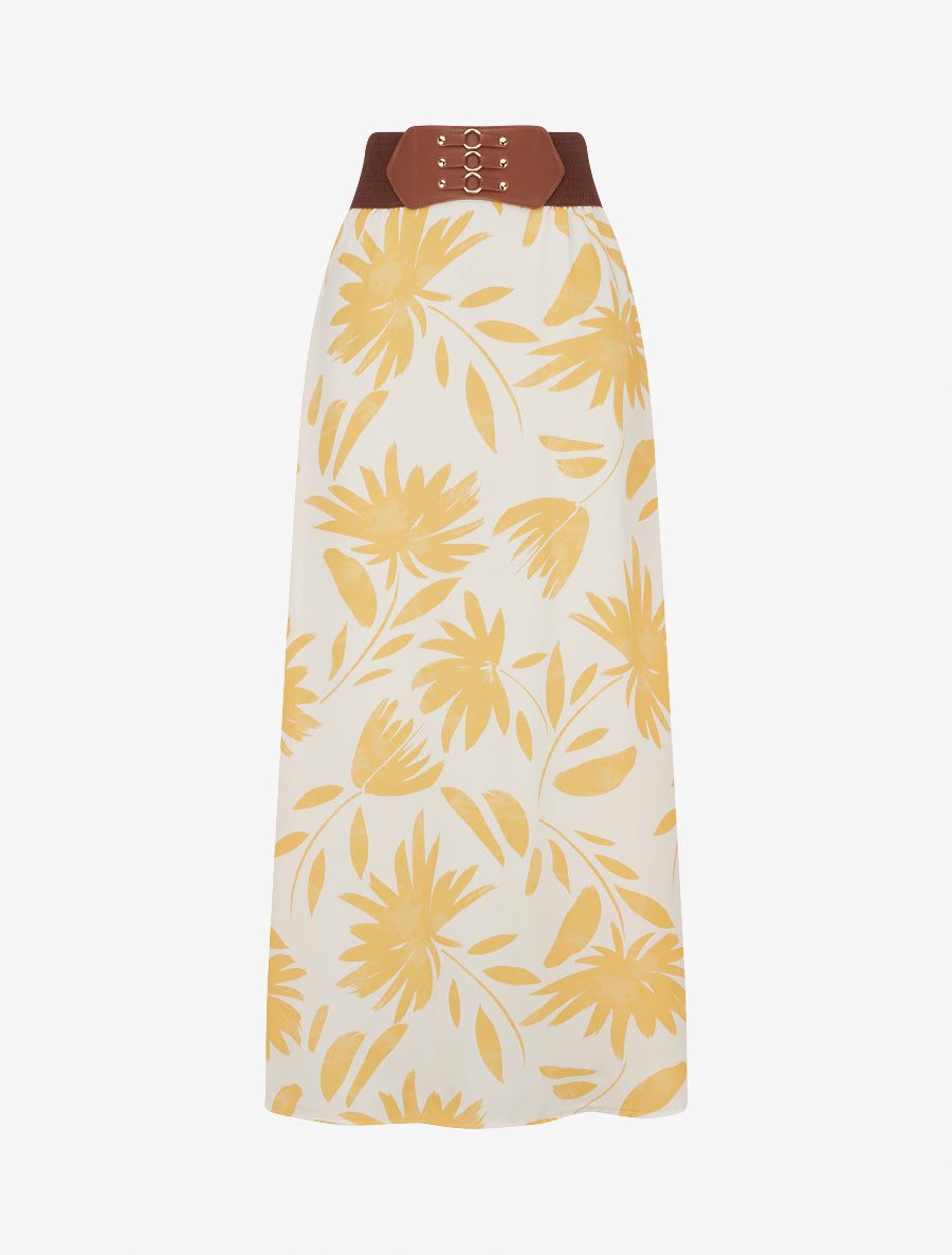 Jupe longue imprimé floral à taille fantaisie - Jaune - 1