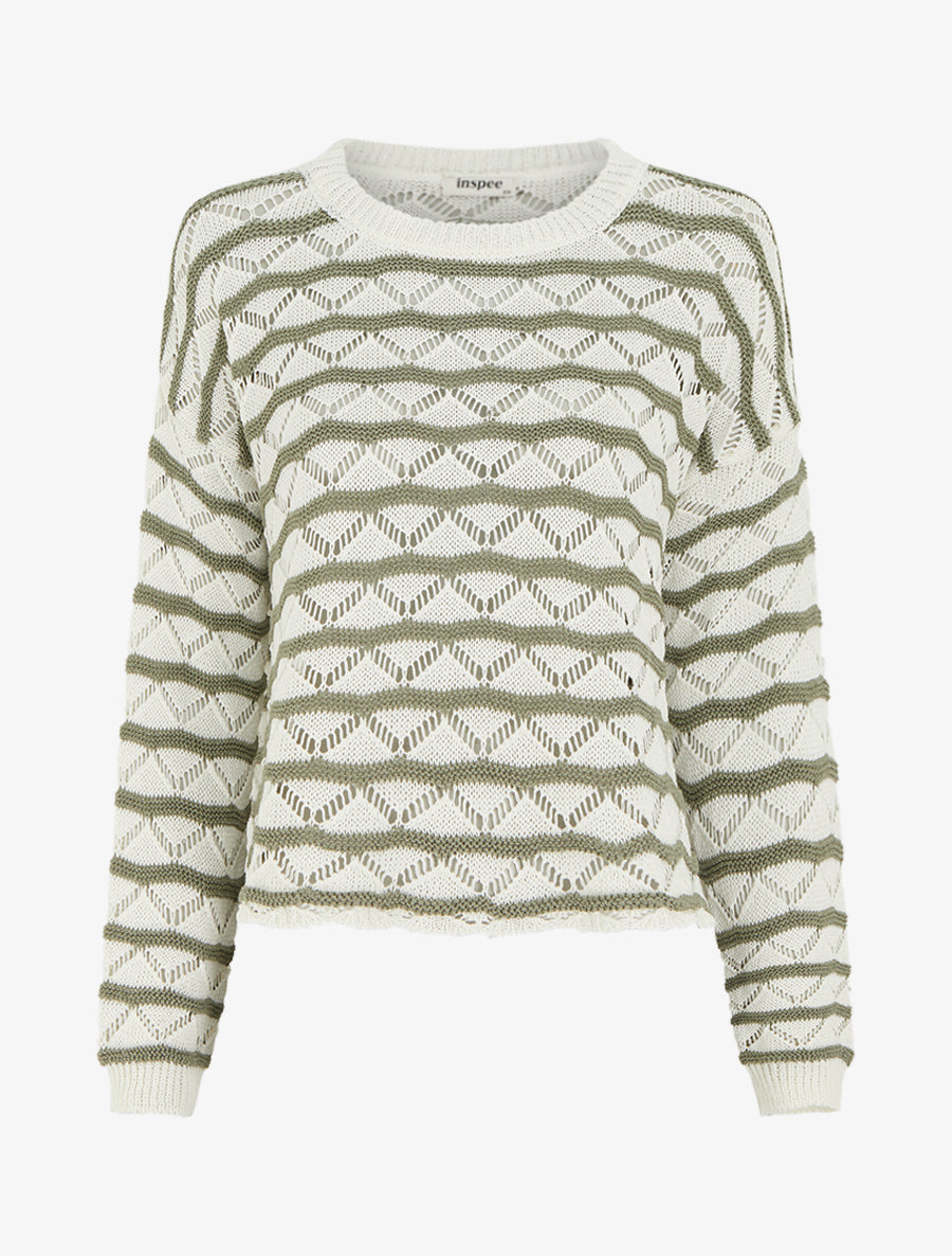 Pull ajouré à rayures fantaisies - Kaki - 1