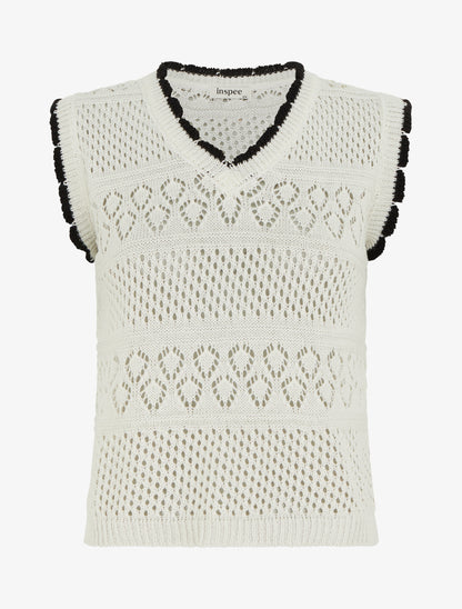 Pull sans manches à col contrastant - Blanc - 1