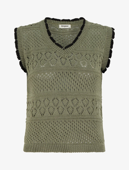 Pull sans manches à col contrastant - Kaki - 1