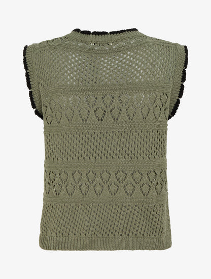 Pull sans manches à col contrastant - Kaki - 2