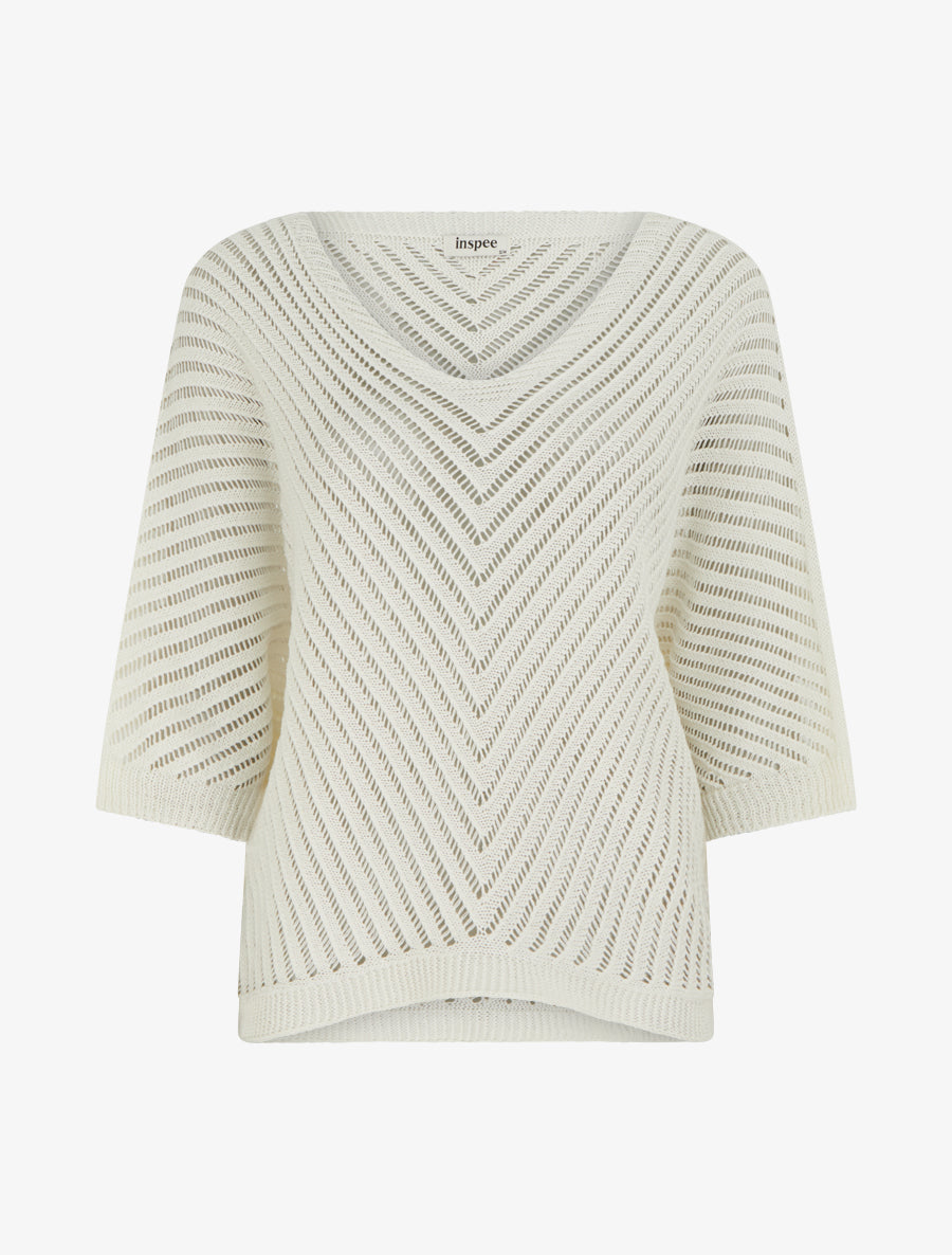 Pull ajouré à manches courtes chauve-souris - Écru - 1