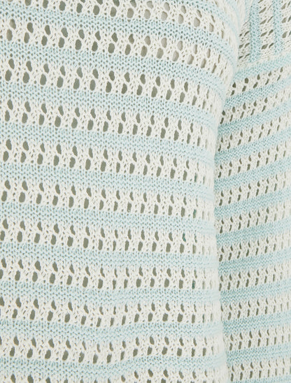 Pull droit à rayures ajourées - Bleu lagon - 3