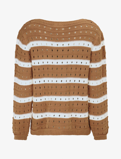 Pull en maille ajourée à rayures - Camel - 2