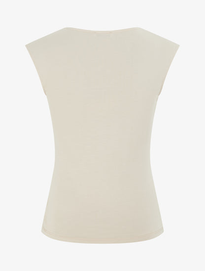 Top uni à col rond et empiècement bijou - Beige - 2