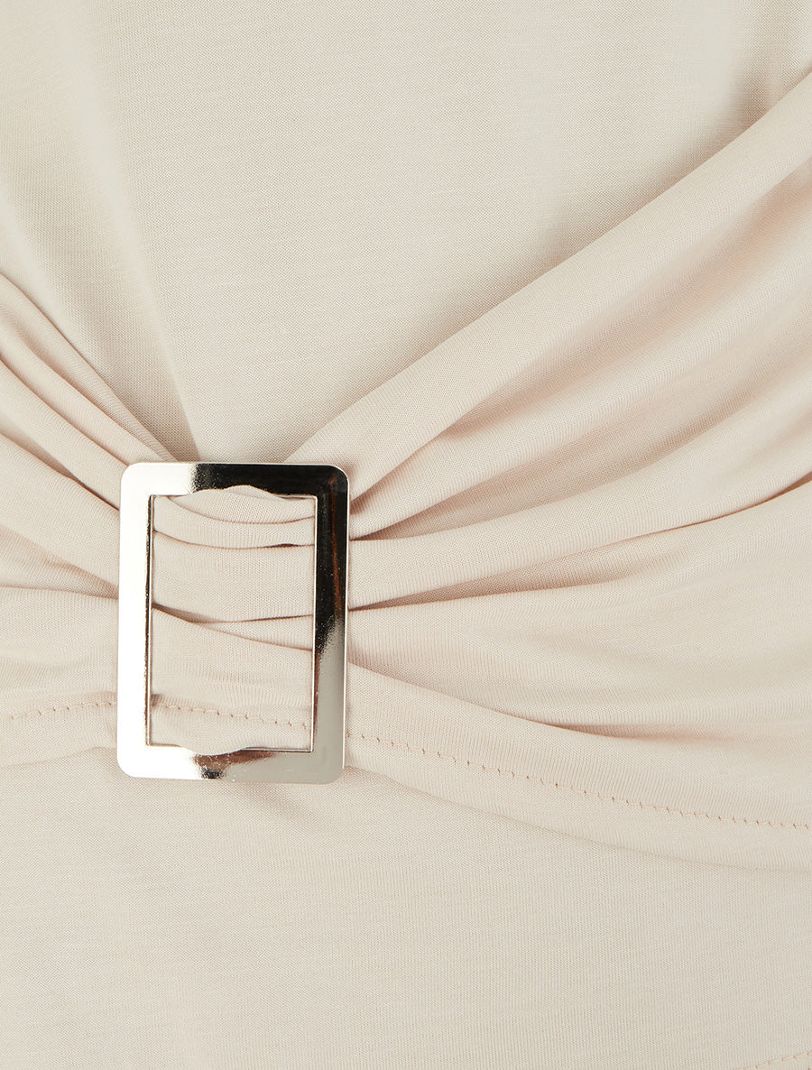 Top uni à col rond et empiècement bijou - Beige - 3