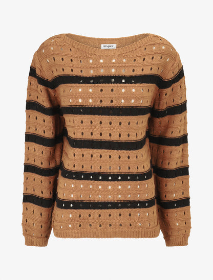 Pull en maille ajourée à rayures - Camel/noir - 4